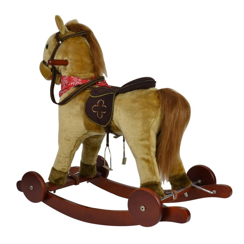 حصان هزاز ومتحرك تفاعلي 2 في 1 - بني فاتح مع منديل أحمر وسرج