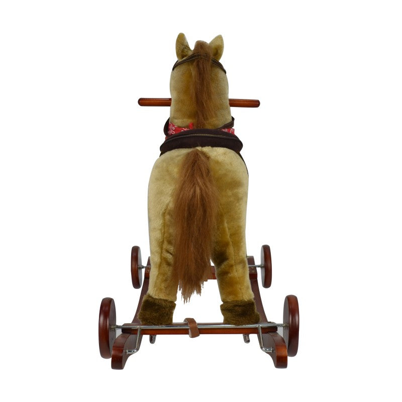 حصان هزاز ومتحرك تفاعلي 2 في 1 - بني فاتح مع منديل أحمر وسرج
