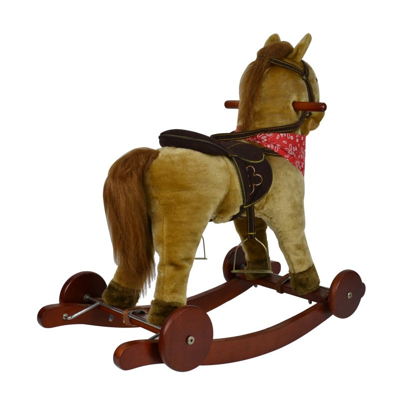 حصان هزاز ومتحرك تفاعلي 2 في 1 - بني فاتح مع منديل أحمر وسرج