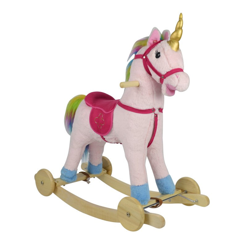 لعبة يونيكورن هزازة وراكبة 2 في 1 - لعبة تفاعلية باللونين الوردي والذهبي مع عرف أبيض