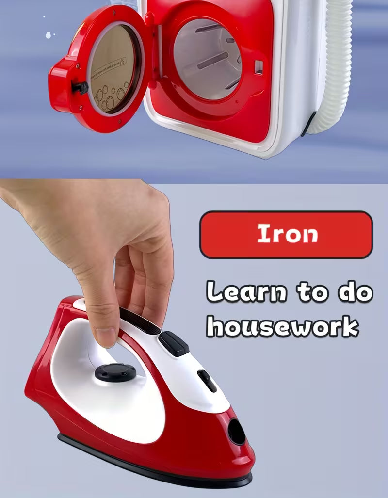 مجموعة لعب الأدوار للغسيل: غسالة ألعاب مع حركة دوران ومحاكاة مكواة بخارية 3+