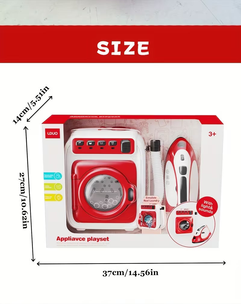 مجموعة لعب الأدوار للغسيل: غسالة ألعاب مع حركة دوران ومحاكاة مكواة بخارية 3+