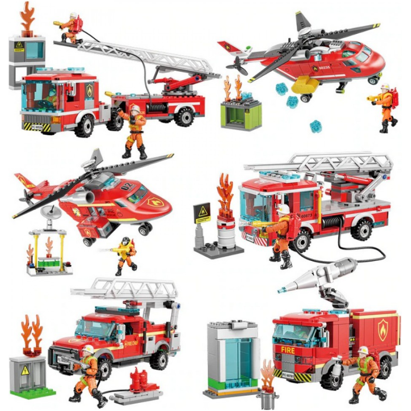 مدينة محرك الإطفاء المركبات ميجا كتلة سلم شاحنة الإنقاذ هليكوبتر تجميع بناء لعبة الطوب شخصيات اطفاء للهدايا