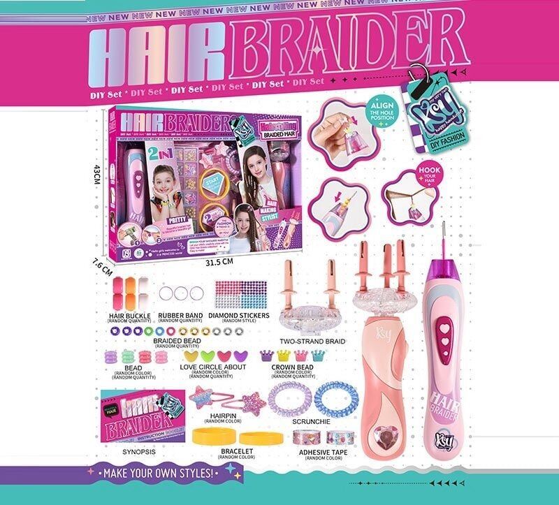 Hair braider toy set with packaging and accessories on a pink background