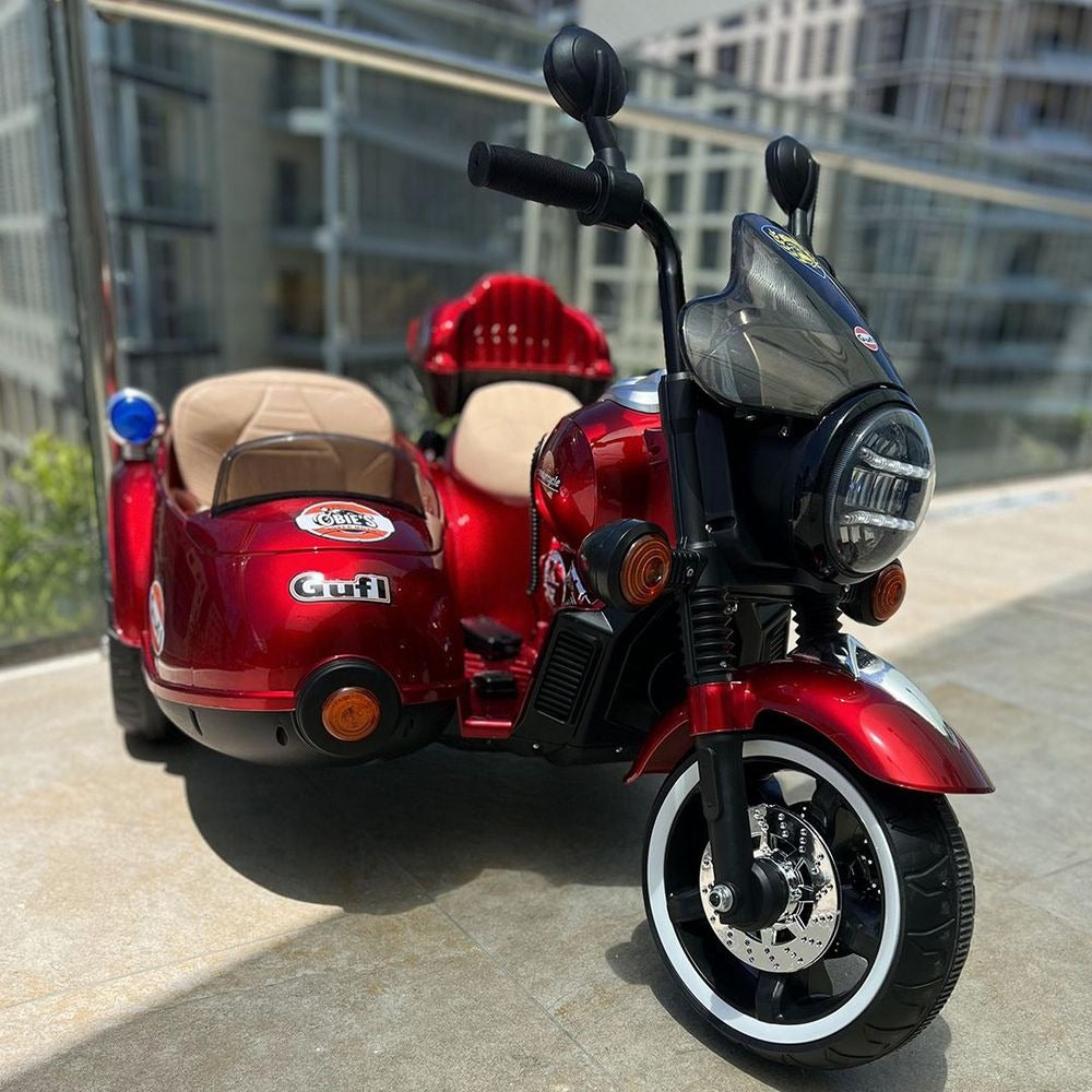High-End Kids Electric Motorcycle 3- Wheel Ride on with Sidecar - Red