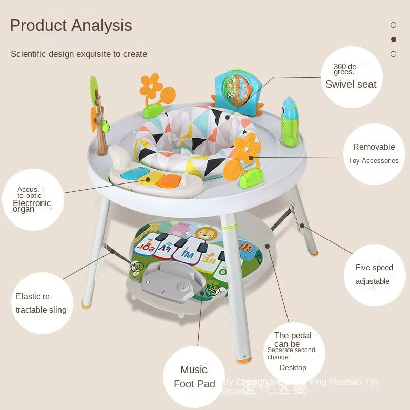 عربة أطفال ٣ في ١، نطاطة، مشاية، وأداة ترفيهية ثابتة | مقعد دوار ٣٦٠ درجة | تصميم غابة