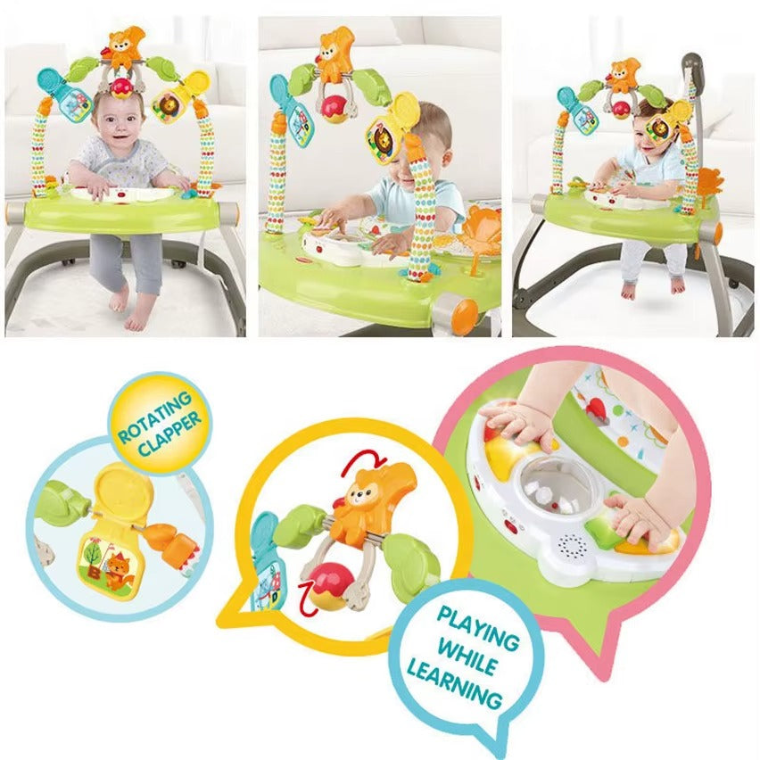 مركز أنشطة للأطفال ٤ في ١ مع نطاطة بعجلات | مشاية أطفال، كرسي هزاز ثابت، ومقعد دوار ٣٦٠ درجة | ارتفاع قابل للتعديل وصينية لعب