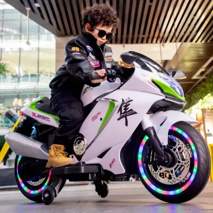 12V Kids Electric Ride-On Sport Motorcycle with Training Wheels | Superbike Toy with LED Lights & Music