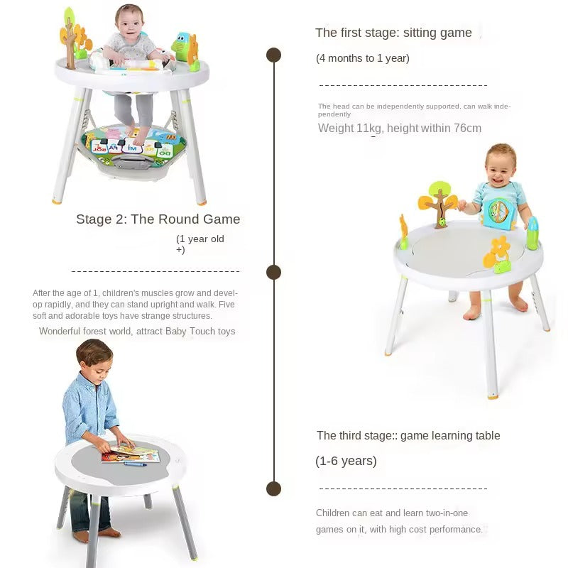 عربة أطفال ٣ في ١، نطاطة، مشاية، وأداة ترفيهية ثابتة | مقعد دوار ٣٦٠ درجة | تصميم غابة