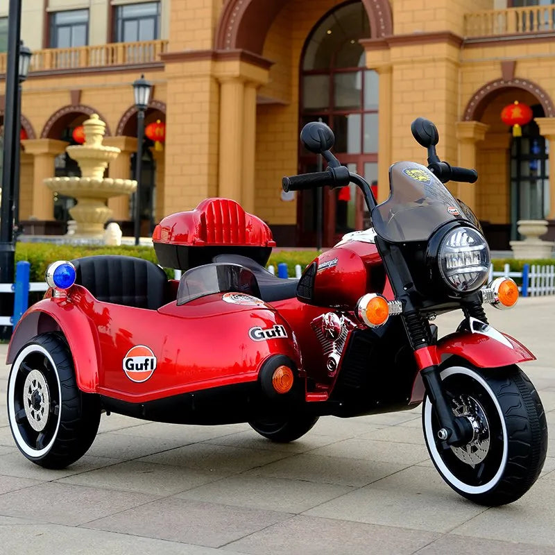High-End Kids Electric Motorcycle 3- Wheel Ride on with Sidecar - Red