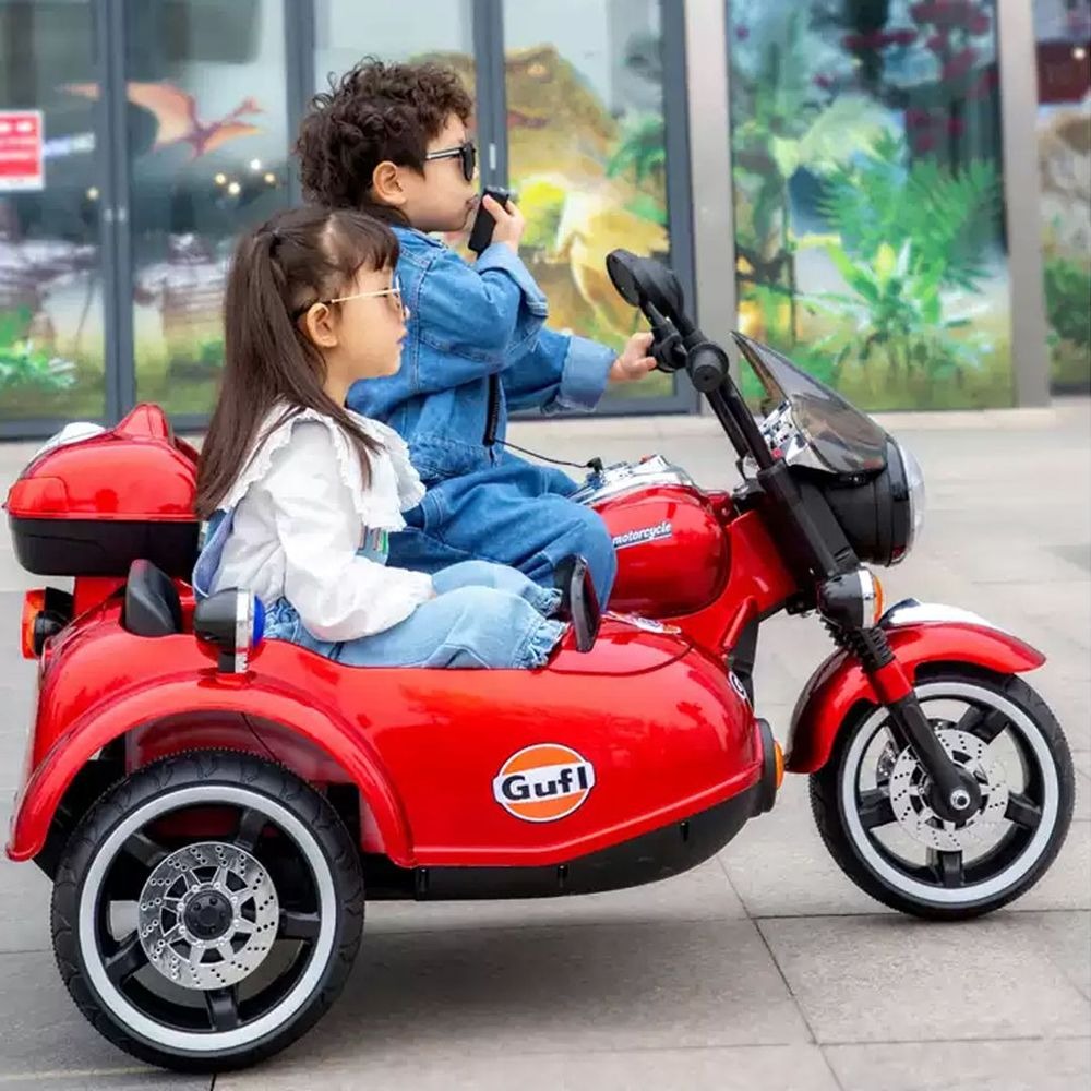 High-End Kids Electric Motorcycle 3- Wheel Ride on with Sidecar - Red