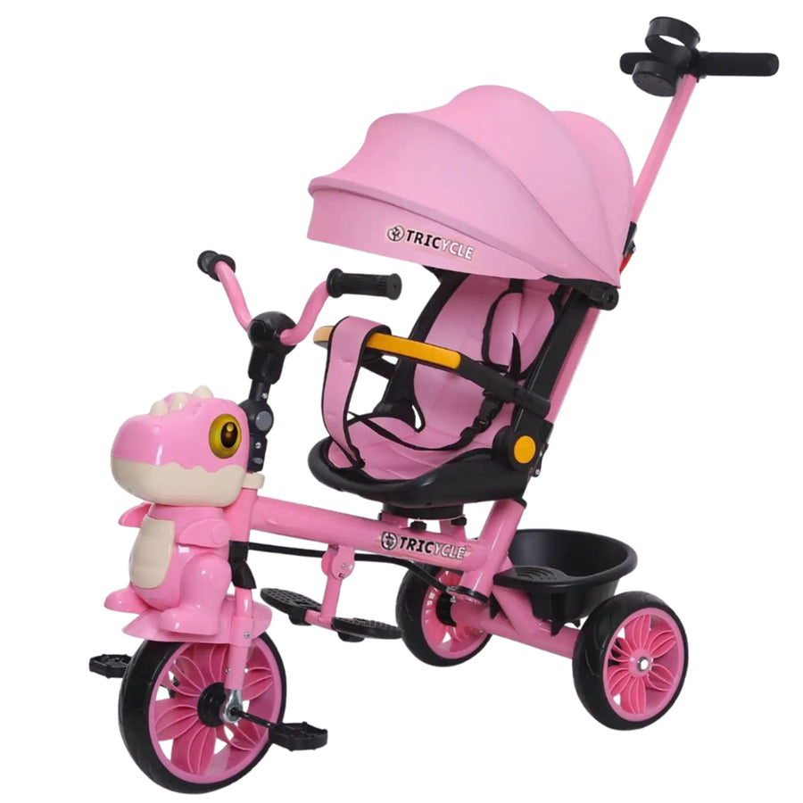 Slider three-wheeled bicycle with a control handle For Kids - Dinasour Pink