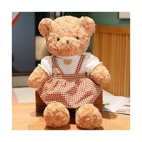Teddy Bear Plush Doll Vintage-Style Plaid Dress (35 cm)