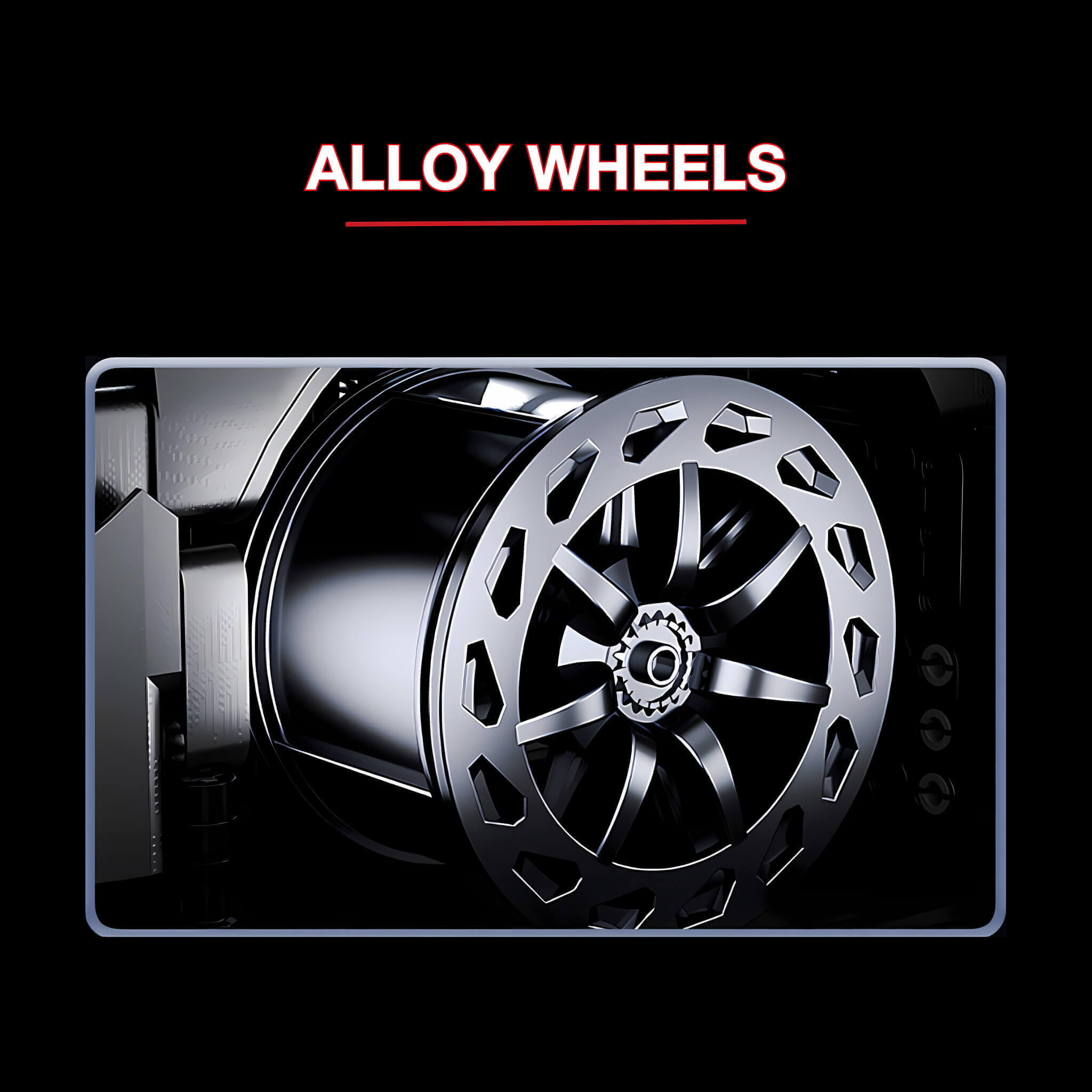 Close-up of an alloy wheel with 'ALLOY WHEELS' 