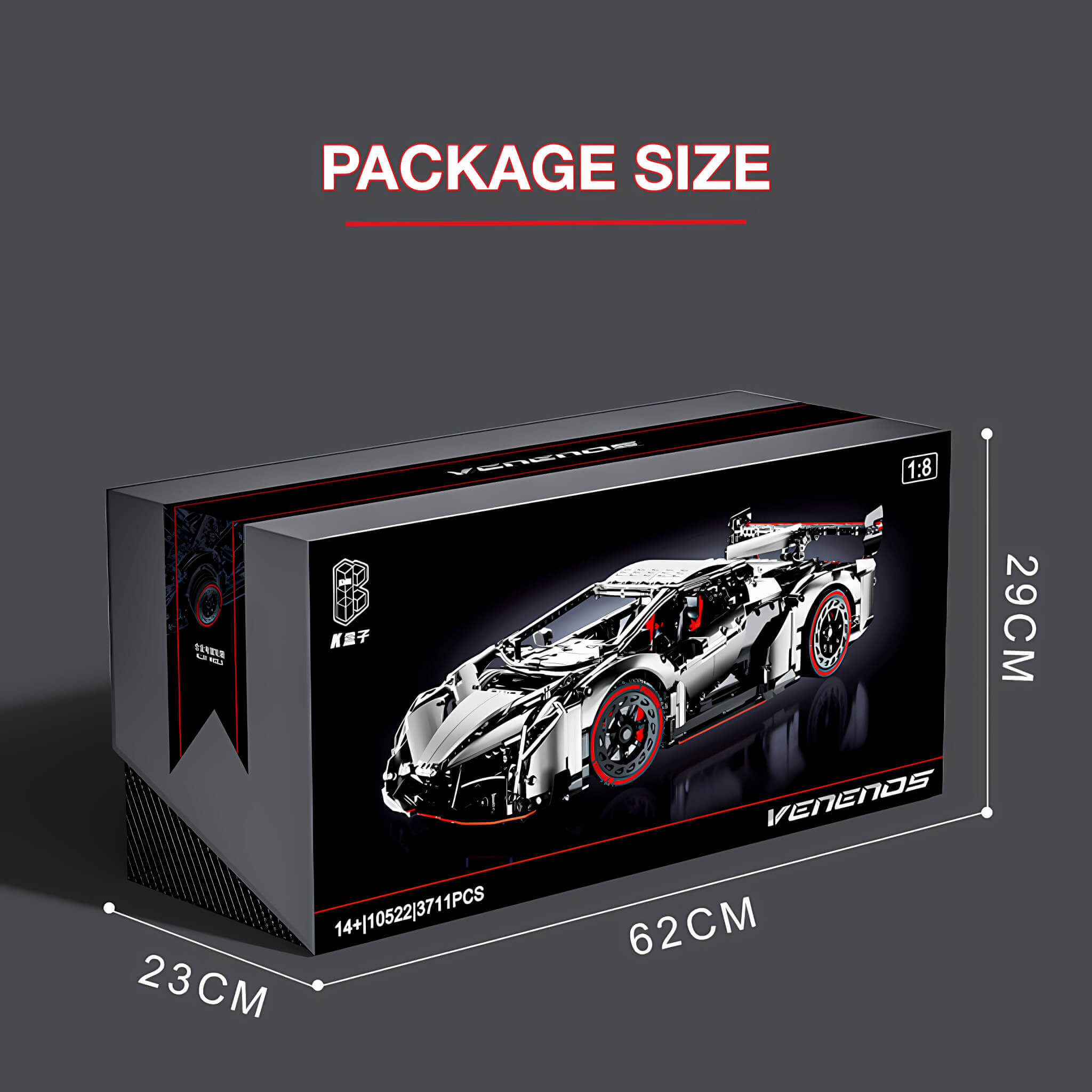 Boxed toy car model with dimensions 