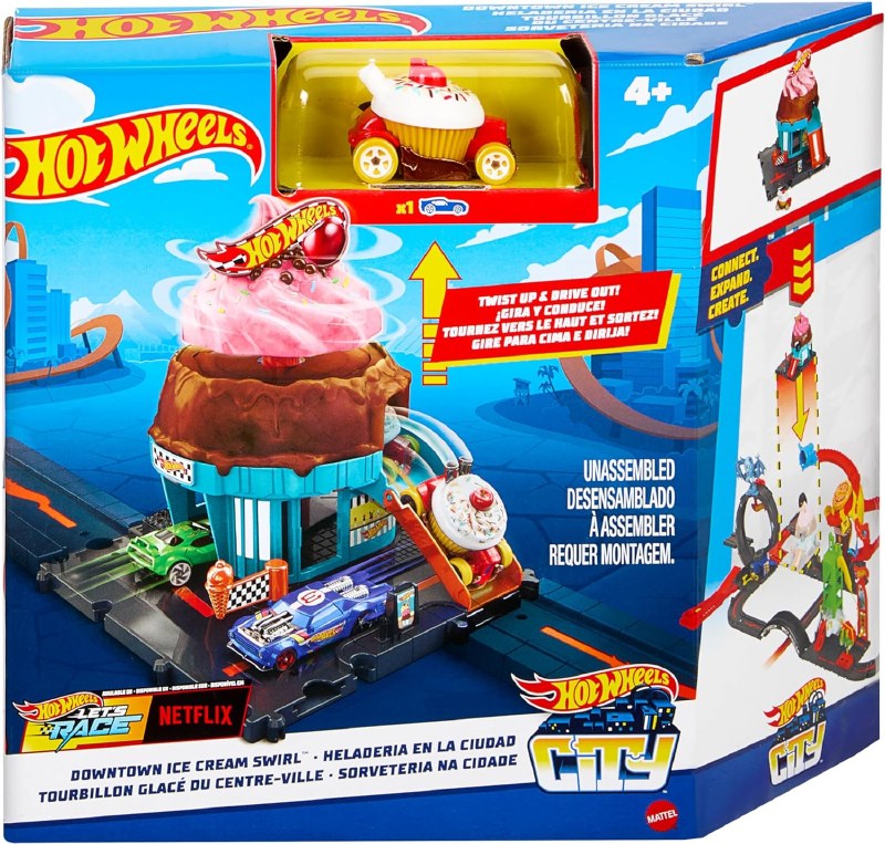 Hot Wheels Let's Race City Downtown Ice Cream Swirl Track Set