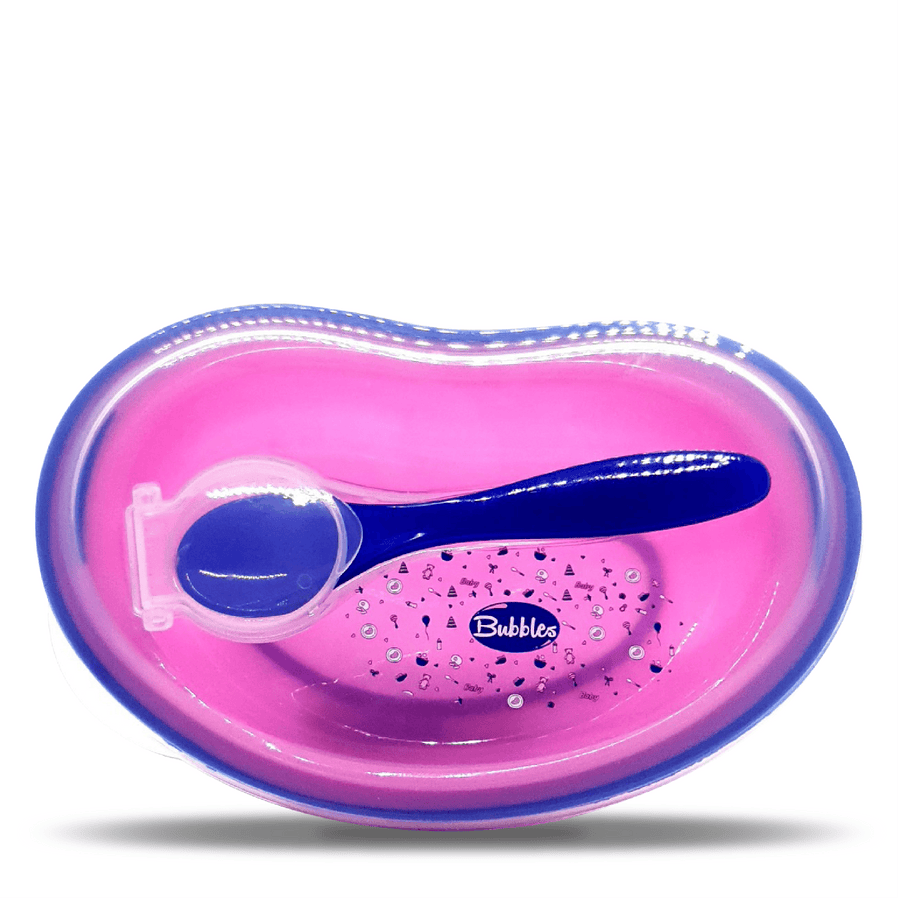 Bubbles Plate with Cover and Spoon for baby - pink