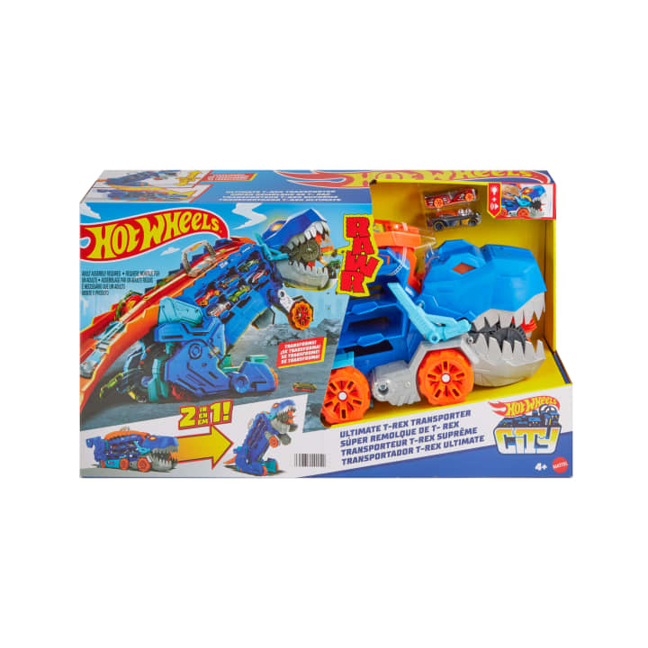 Hot Wheels City Ultimate T-Rex Transporter - Toy Car Track Set & Transforming Hauler ( Cars May Vary )