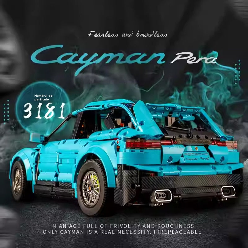 Blue toy car model with text 'Fearless and boundless Cayman Pera' 