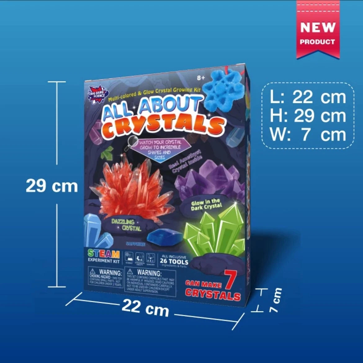 Crystal growing kit packaging with dimensions 