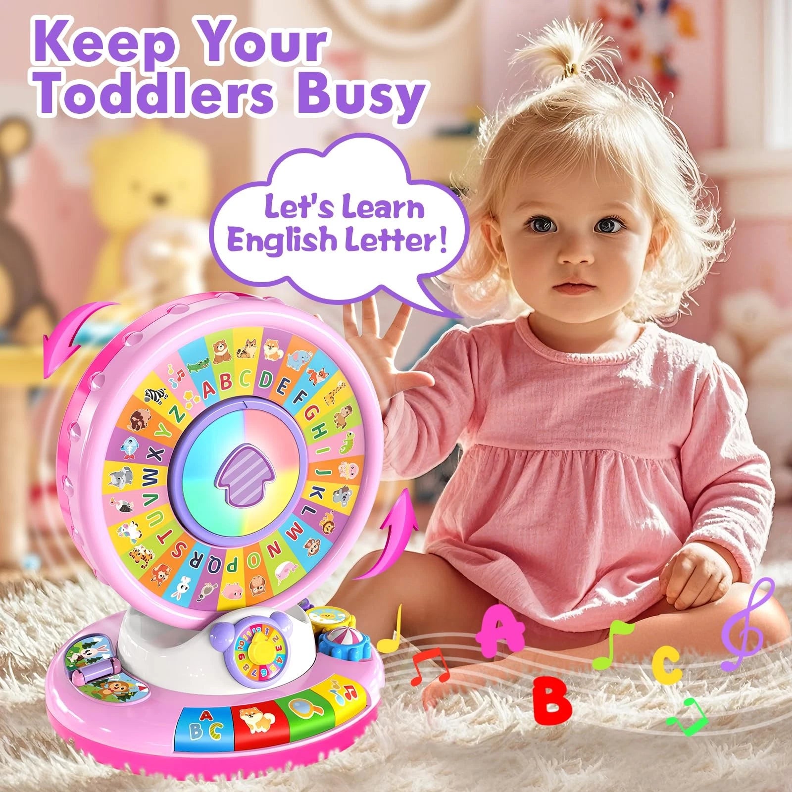 Interactive Spin and Sing Alphabet Zoo Toy – Electronic ABC & Animal Learning Center for Toddlers – Pink