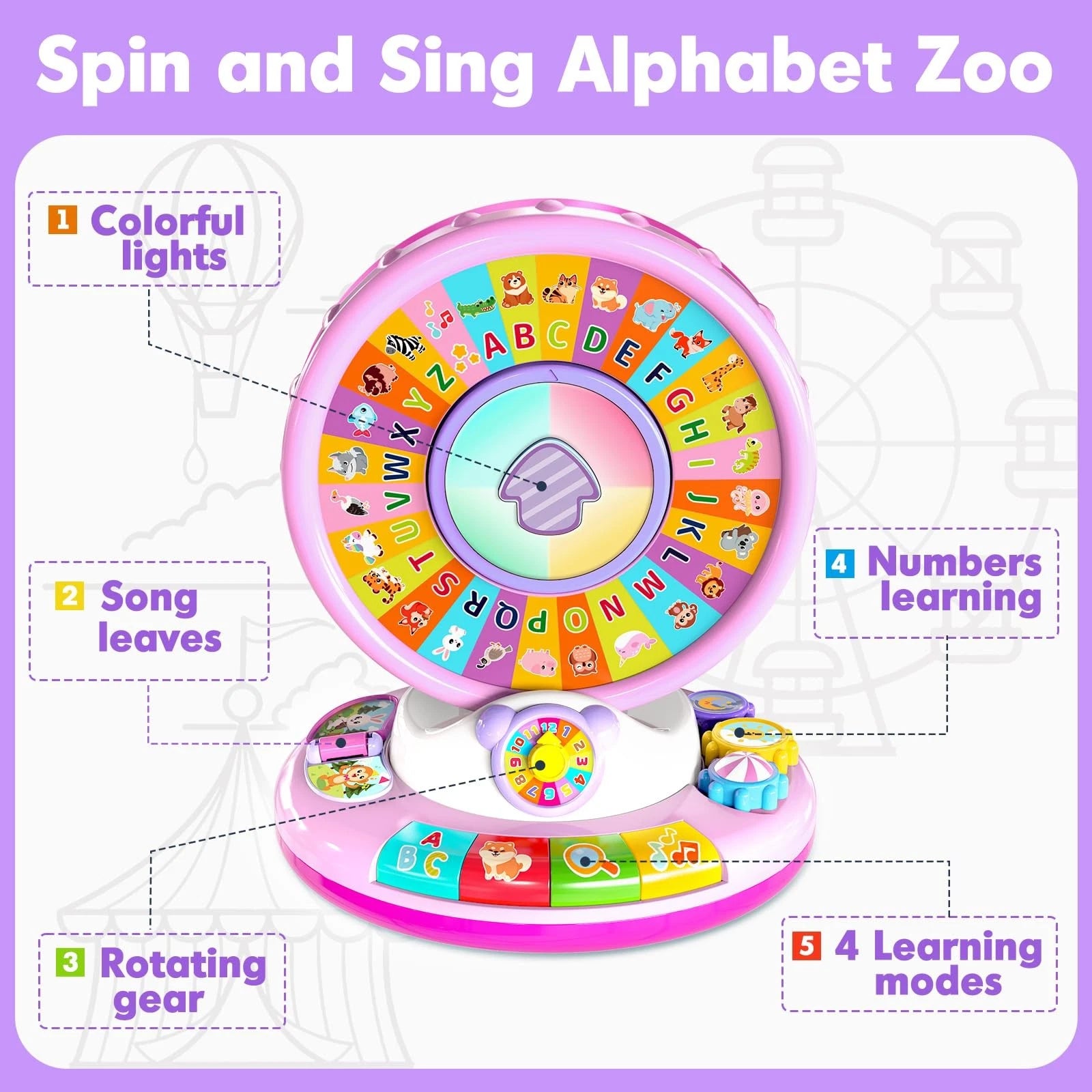 Interactive Spin and Sing Alphabet Zoo Toy – Electronic ABC & Animal Learning Center for Toddlers – Pink