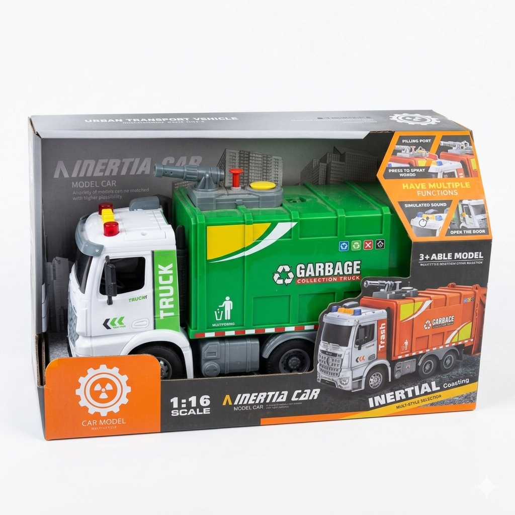 Garbage Truck Toy with Lights & Sound – 1:16 Scale Inertia Car