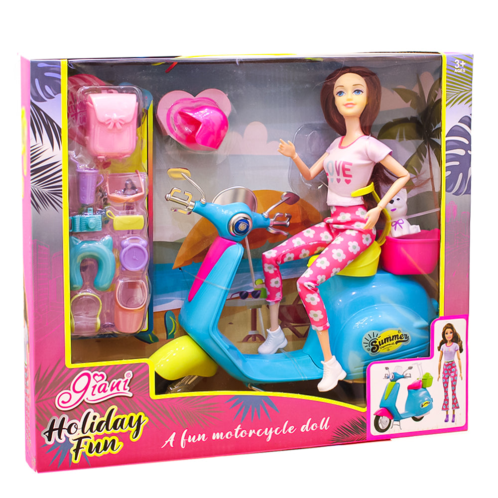 Barbie Fashionistas Doll & Scooter, Travel Playset with Stickers, Pet Puppy & Themed Accessories Like Map & Camera - Style May Vary