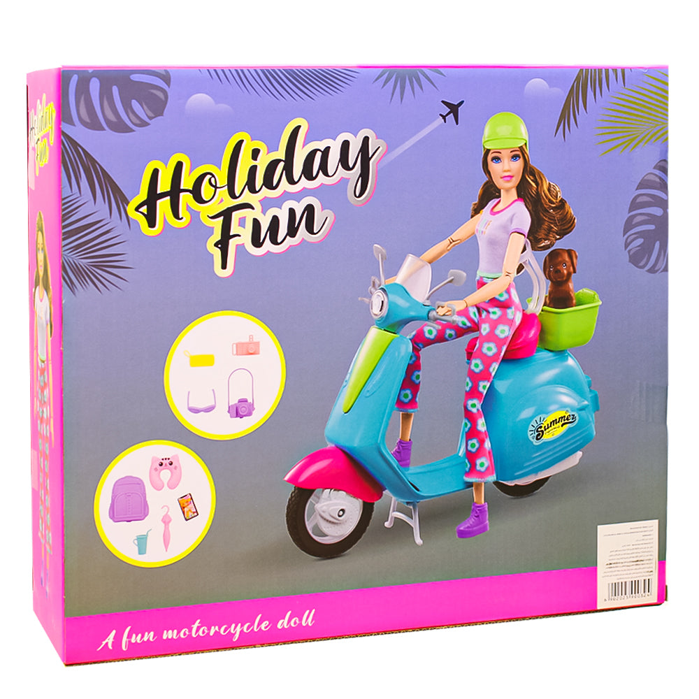 Barbie Fashionistas Doll & Scooter, Travel Playset with Stickers, Pet Puppy & Themed Accessories Like Map & Camera - Style May Vary