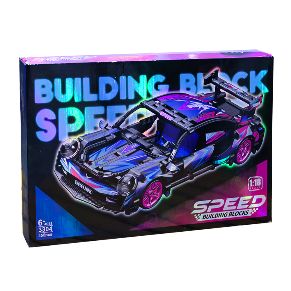 Cyberpunk Speed Racing Building Block Car 1:18 Scale Kit - 455 Pieces with Metal Craft Wheels (Ages 6+)