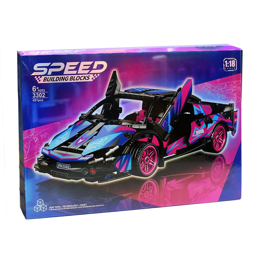 Cyberpunk Speed Racing 3302 Building Block Car 1:18 Scale Kit - 451 Pieces with Metal Craft Wheels (Ages 6+)