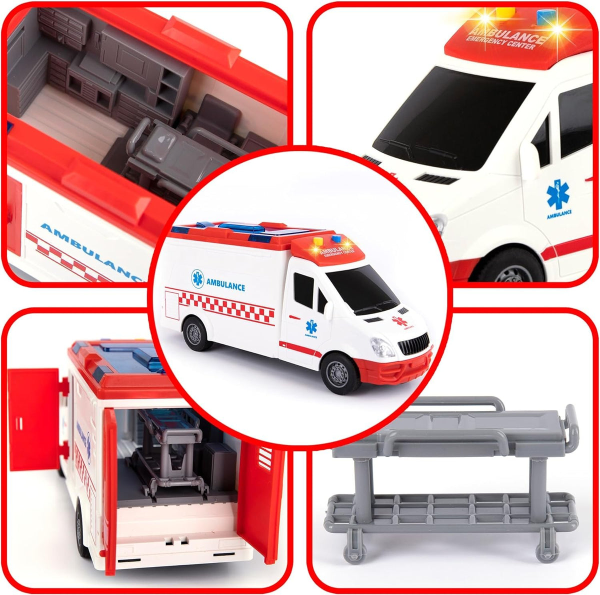 Ambulance Toy Truck for Kids Lights & Siren, Friction-Powered 1/16 Scale Rescue Toy