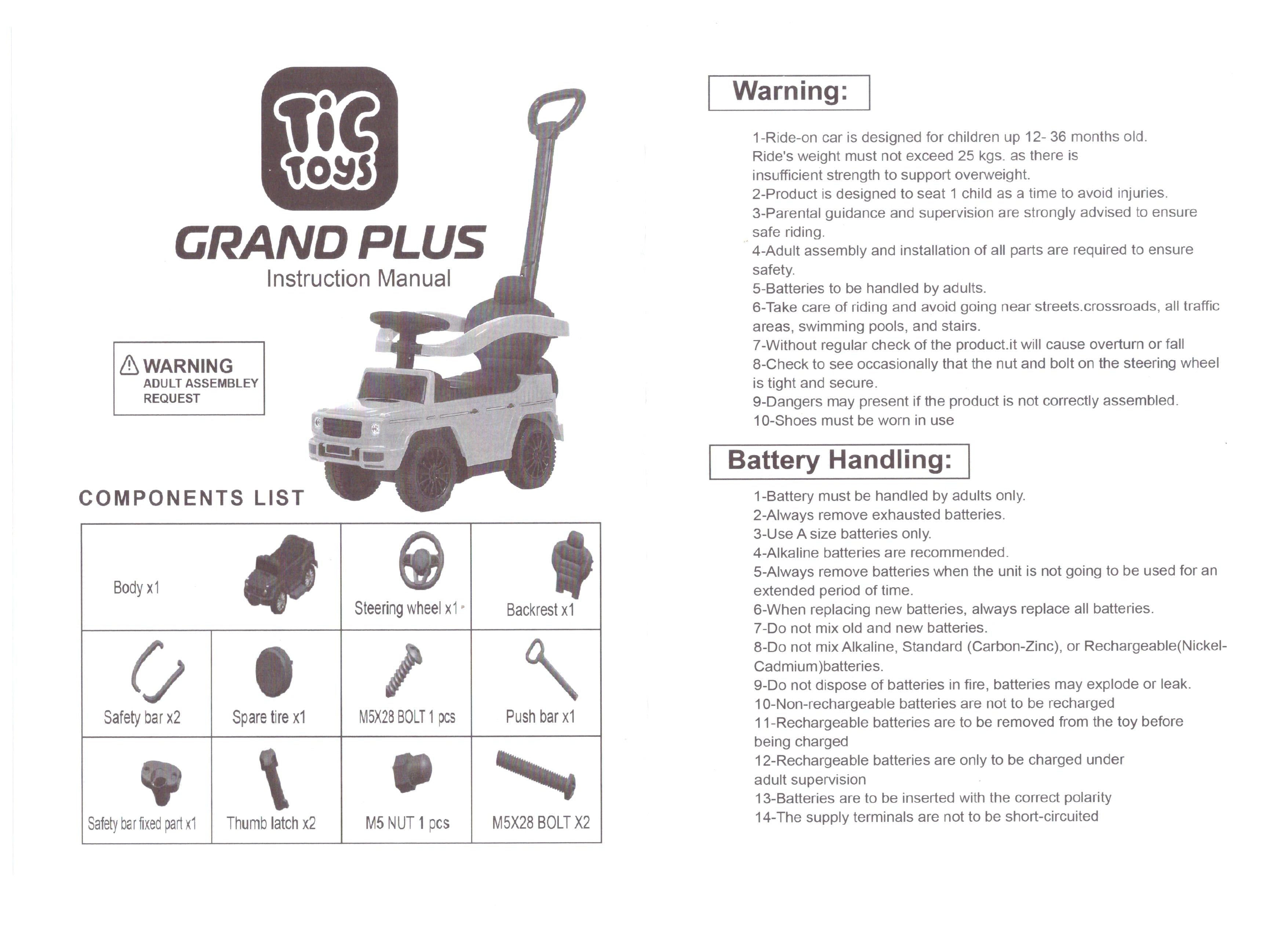 Tic Toys Grand Plus Multi-Position Ride-On with Music & Storage - White