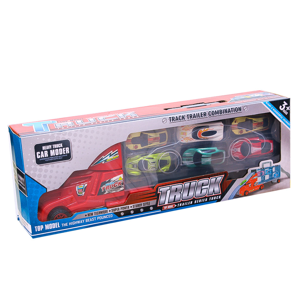 Die Cast Plastic Car Carrier Truck Toy And 6 Mini Cars Play Set - RED