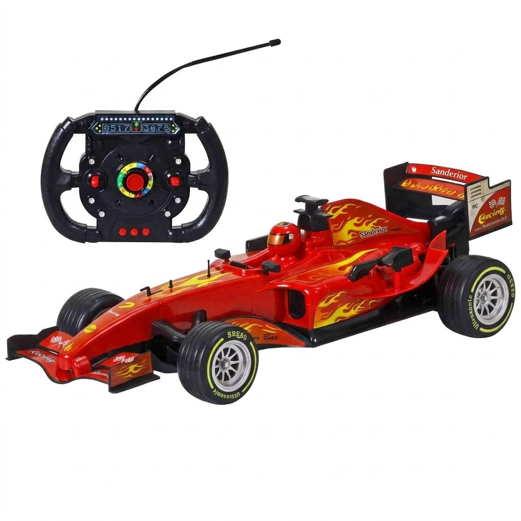 Red toy Formula 1 car with a steering wheel remote control on a white background