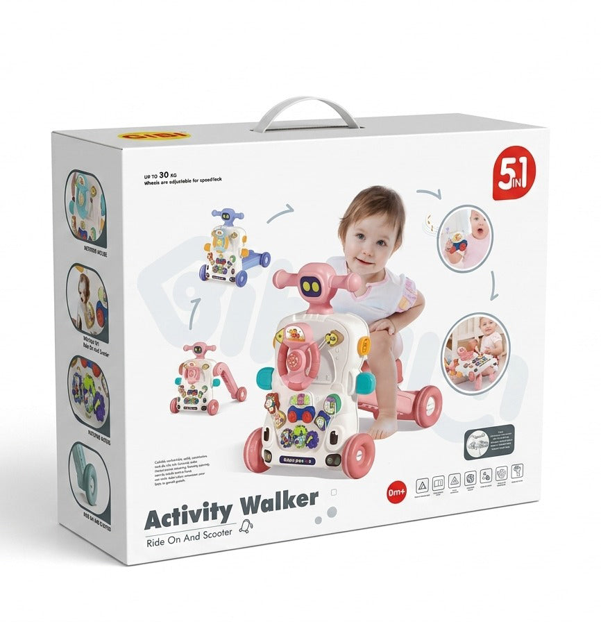 5-in-1 Baby Activity Walker and Ride-On Scooter - Convertible Learning Activity Table & Push Toy for Infants and Toddlers