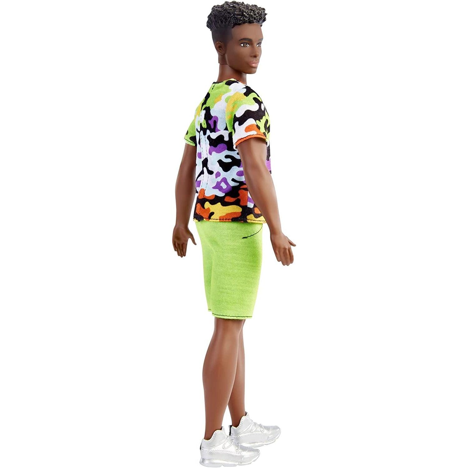 Barbie Ken Fashionistas Doll, Broad, Black Curly Hair, Multi-Colored Camo Print Shirt, Neon Green Shorts, Silvery Sneakers - BumbleToys - 3-8 Years, 5-7 Years, Barbie, Boys, collectible, collectors, Fashion Dolls & Accessories, Girls, Pre-Order