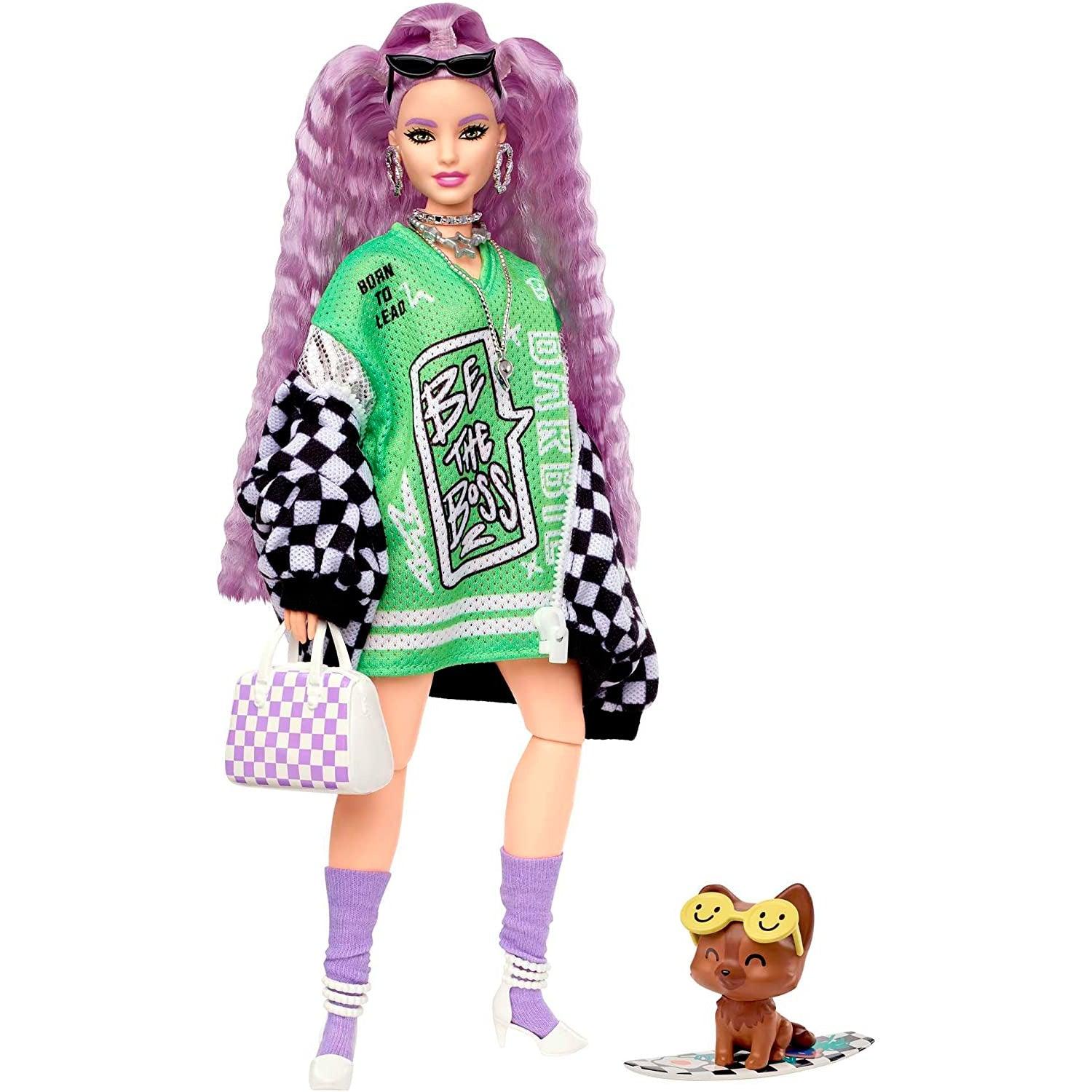 Barbie Doll and Accessories, Barbie Extra Fashion Doll with Crimped Lavender Hair and Checkered Jacket, Pet Puppy