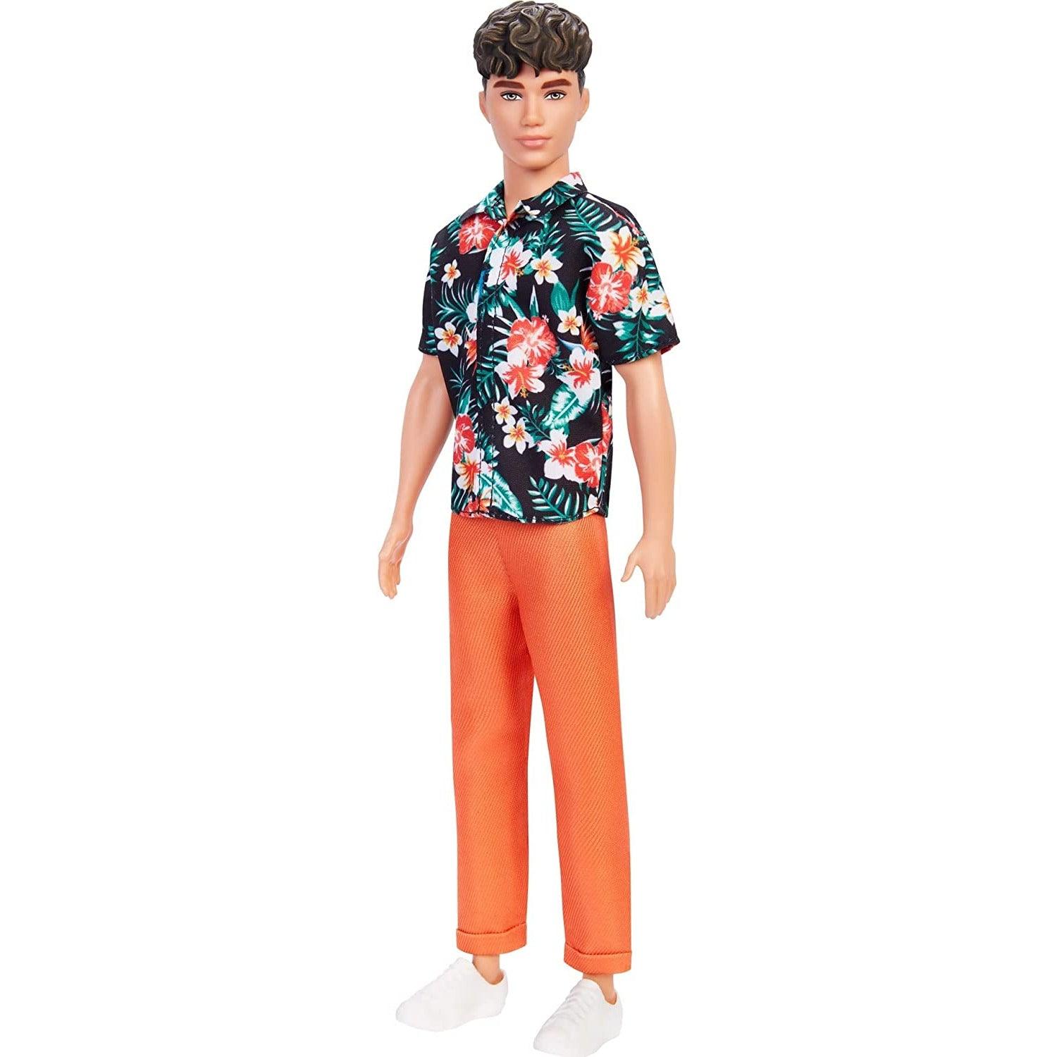 Barbie Ken Fashionistas Doll #184, Brunette Cropped Hair, Floral Hawaiian Shirt, Orange Cuffed Pants, White Deck Shoes.