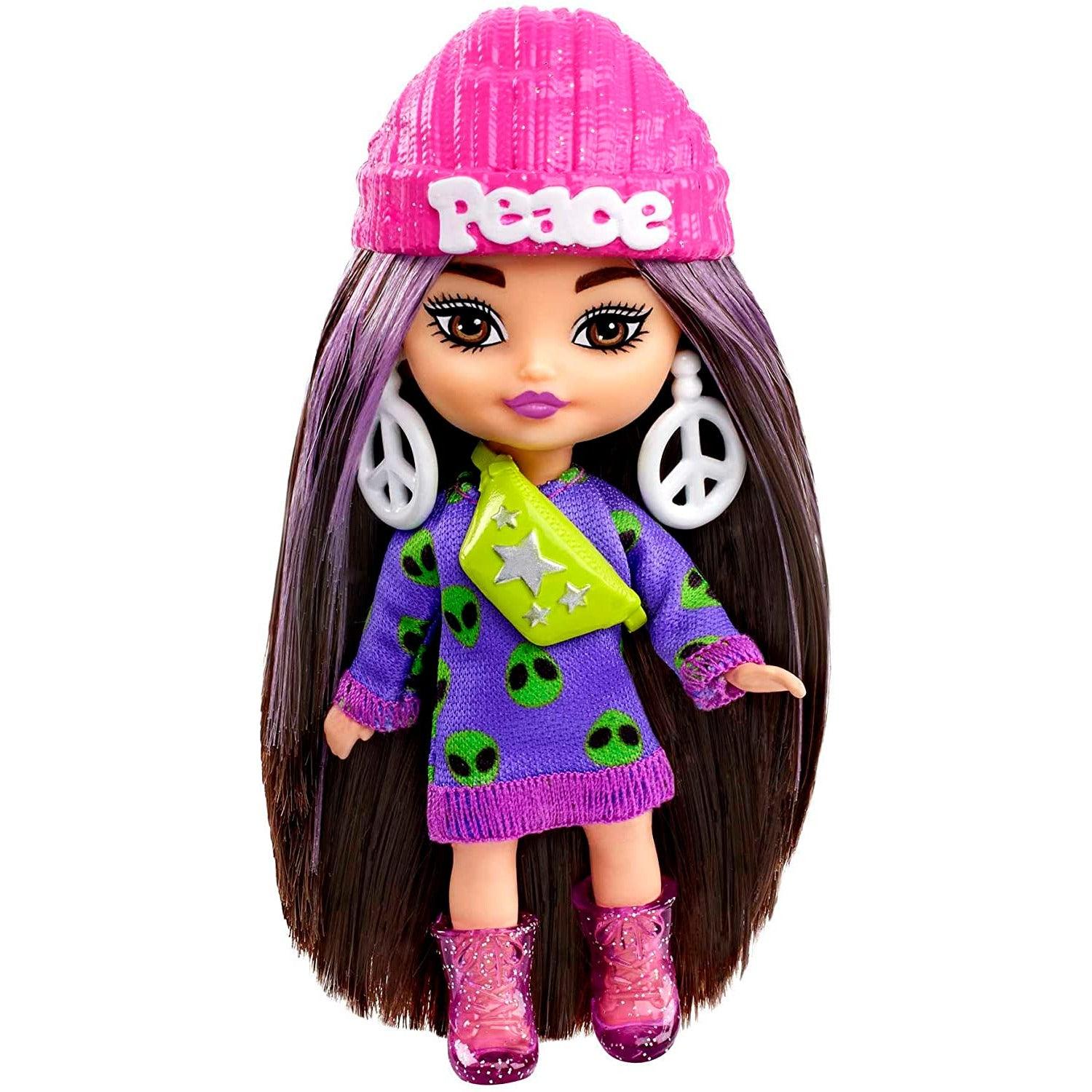 Barbie Extra Mini Minis Brunette Doll With Alien Sweater Dress, Peace Sign-Themed Clothes And Accessories