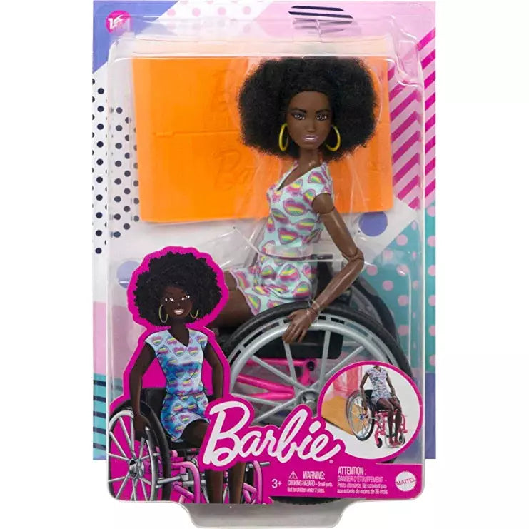 Barbie Doll with Wheelchair and Ramp, Kids Toys, Barbie Fashionistas, Curly Black Hair, Rainbow Heart Romper, Clothes and Accessories - BumbleToys - 2-4 Years, 3+ years, 4+ Years, 5-7 Years, Barbie, Dolls, Fashion Dolls & Accessories, Girls, Pre-Order