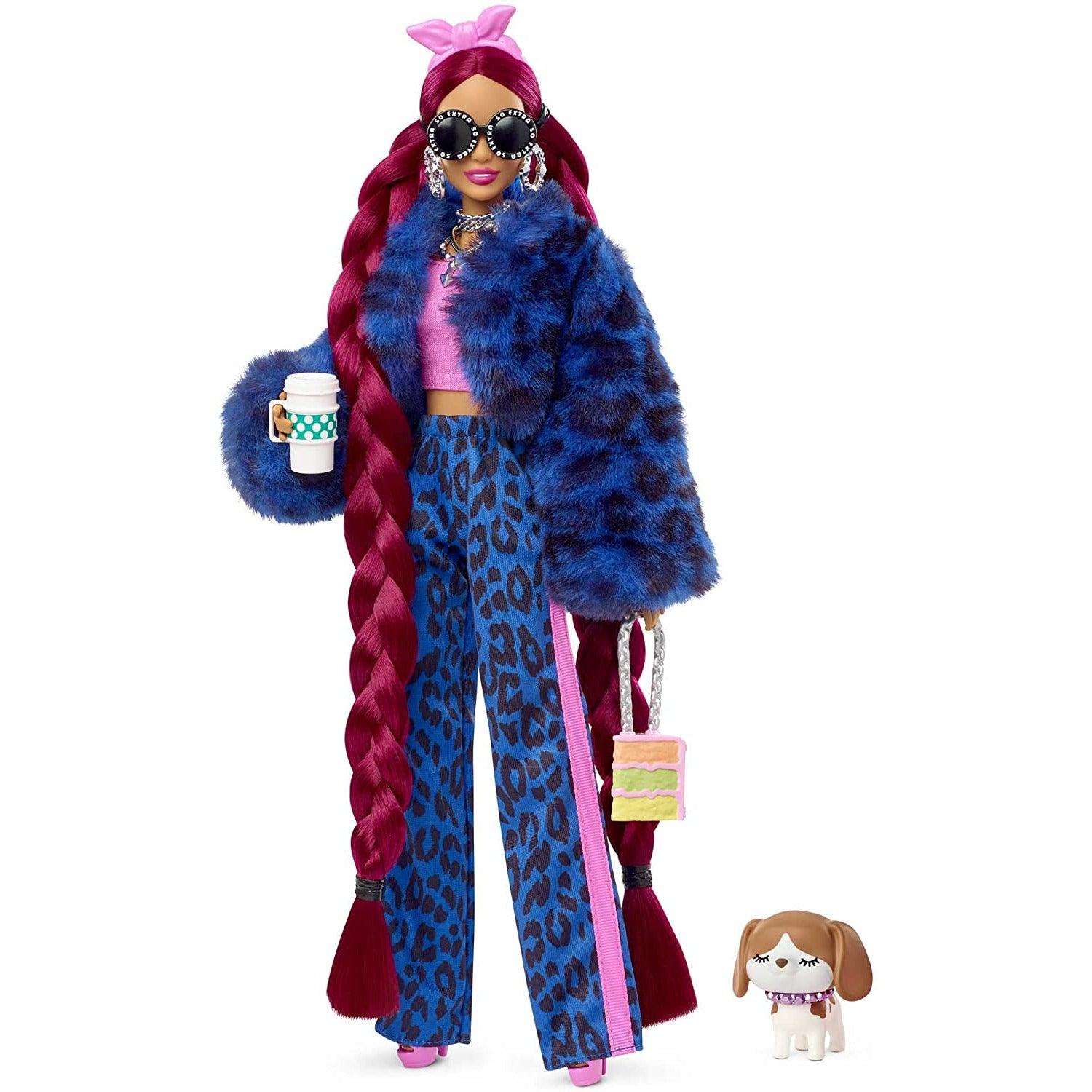 Barbie Extra Doll #17 Fashion Doll with Burgundy Braids and Furry Jacket, Pet Puppy