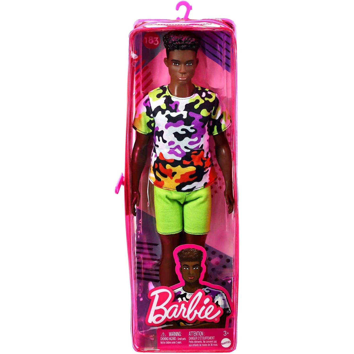 Barbie Ken Fashionistas Doll, Broad, Black Curly Hair, Multi-Colored Camo Print Shirt, Neon Green Shorts, Silvery Sneakers - BumbleToys - 3-8 Years, 5-7 Years, Barbie, Boys, collectible, collectors, Fashion Dolls & Accessories, Girls, Pre-Order