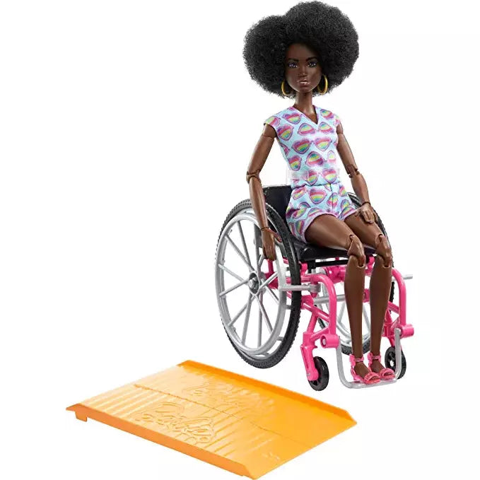 Barbie Doll with Wheelchair and Ramp, Kids Toys, Barbie Fashionistas, Curly Black Hair, Rainbow Heart Romper, Clothes and Accessories - BumbleToys - 2-4 Years, 3+ years, 4+ Years, 5-7 Years, Barbie, Dolls, Fashion Dolls & Accessories, Girls, Pre-Order