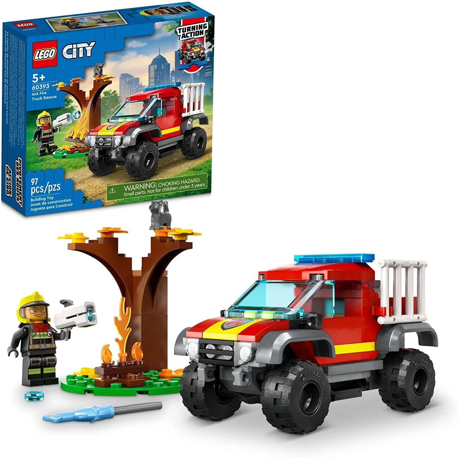 LEGO 60393 City 4x4 Fire Engine Rescue Truck , Set with Water Element Launcher, Firefighter Minifigure and Cat Figure (97)
