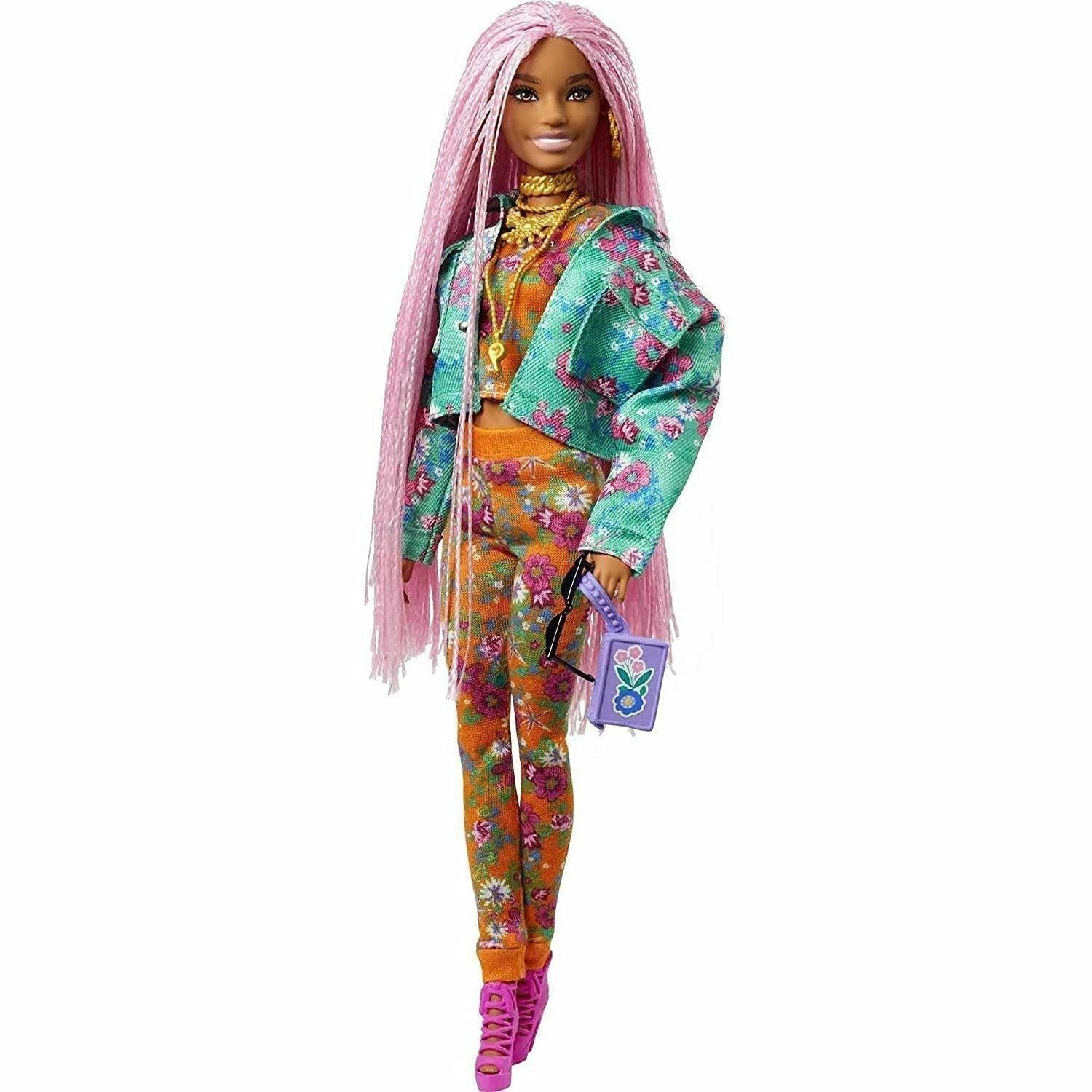 Barbie Extra Doll #10 in Floral-Print Jacket & Jogger Set with DJ Mouse Pet, Extra-Long Pink Braids, Layered Outfit & Accessories - BumbleToys - 5-7 Years, Barbie, Dolls, Fashion Dolls & Accessories, Girls, OXE, Pre-Order