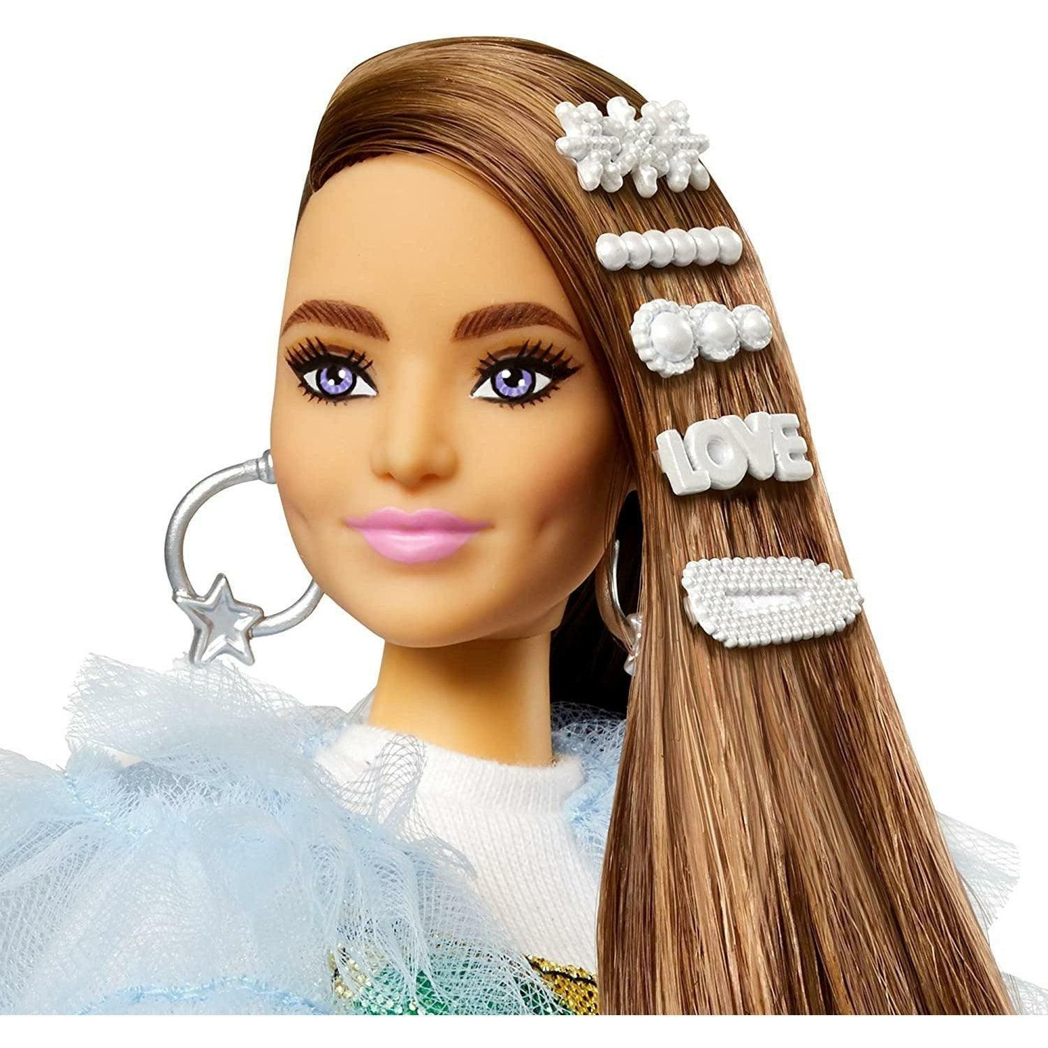 Barbie Extra Doll #9 in Blue Ruffled Jacket with Pet Crocodile, Long Brunette Hair with Bling Hair Clips, Layered Outfit & Accessories - BumbleToys - 5-7 Years, Barbie, Dolls, Fashion Dolls & Accessories, Girls, OXE, Pre-Order