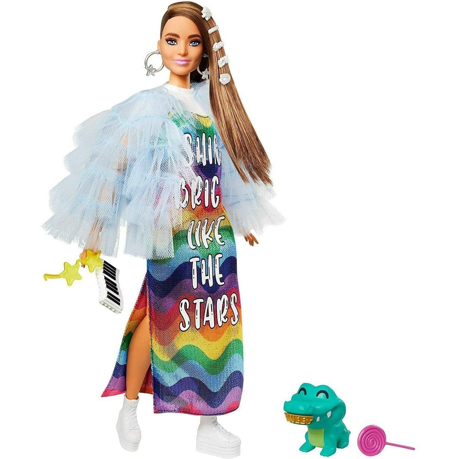 Barbie Extra Doll #9 in Blue Ruffled Jacket with Pet Crocodile, Long Brunette Hair with Bling Hair Clips, Layered Outfit & Accessories - BumbleToys - 5-7 Years, Barbie, Dolls, Fashion Dolls & Accessories, Girls, OXE, Pre-Order