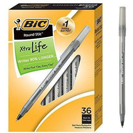 BIC Round Stic Xtra Life Ballpoint Pen, Medium Point (1.0mm) 36 Pens - Black