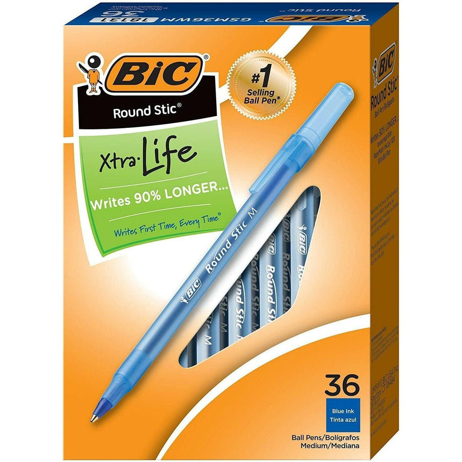 BIC Round Stic Xtra Life Ballpoint Pen, Medium Point (1.0mm) 36 Pens - Blue